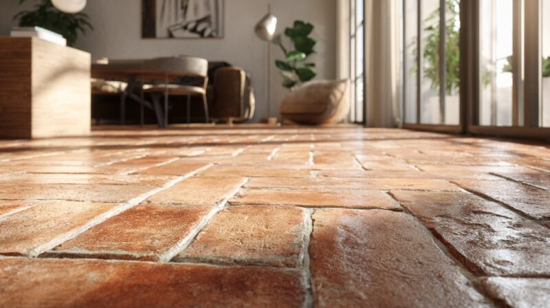 Close-up view of thin brick flooring in a modern living room with natural light coming through large windows